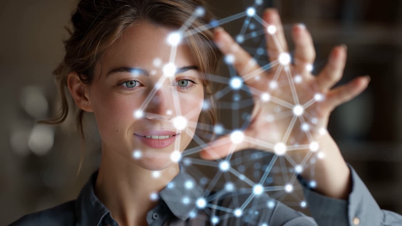 Mladá žena upřeně hledí na zářící digitální síť. Její ruka se jemně dotýká plovoucích, zářících spojení. Soustředěný výraz naznačuje hluboké zaujetí pokročilými daty.