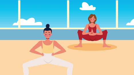 dos mujeres practicando yoga