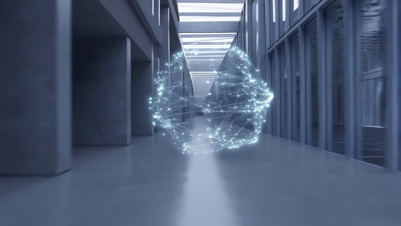 Futuristic Data Network Sphere in a Modern Hallway