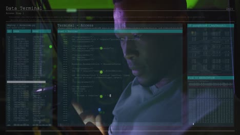 animation of data processing over african american male it engineer and computer servers
