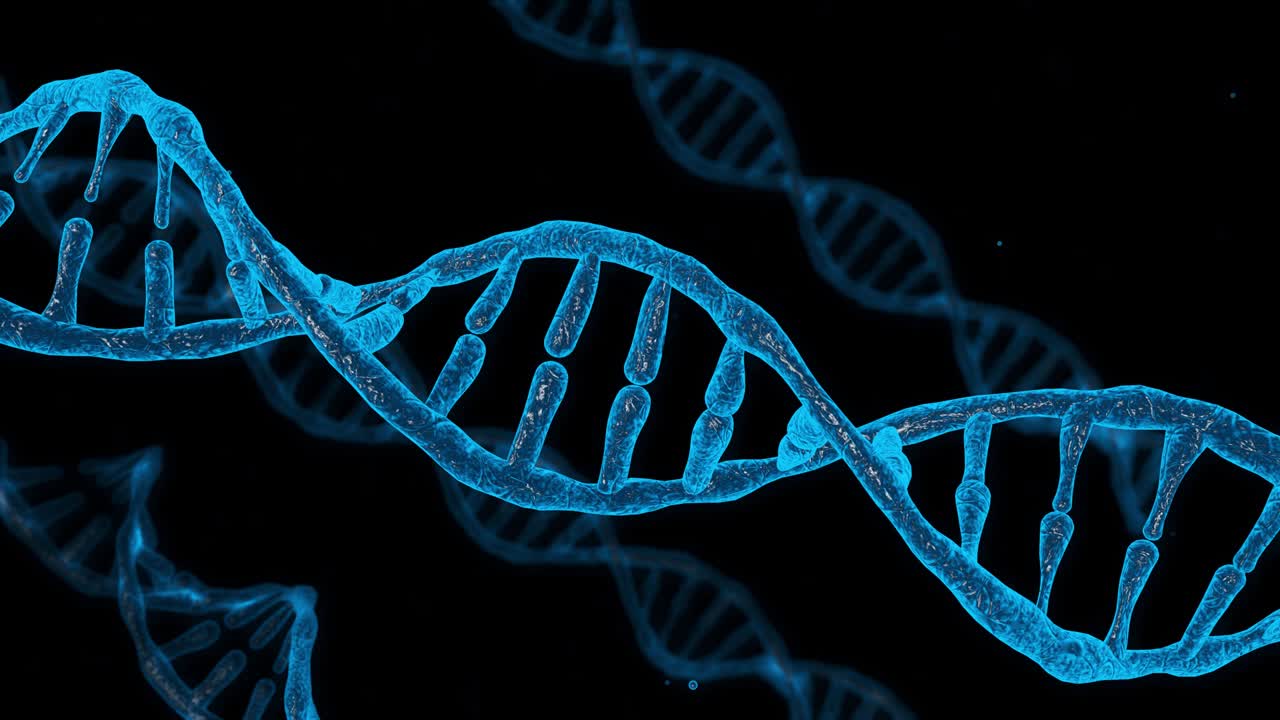 animación en 3d de la molécula de adn. el enfoque está en el frente. el fondo también es una molécua de adn giratoria pero borrosa.