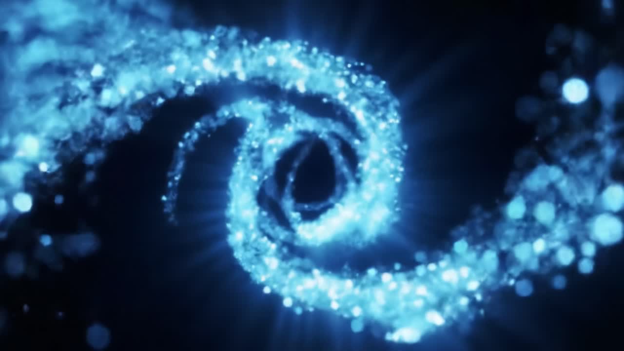 A mesmerizing blue vortex spins and glimmers with radiant particles in a vast dark space. The visual creates a sense of depth and endless movement, captivating the viewer's imagination.