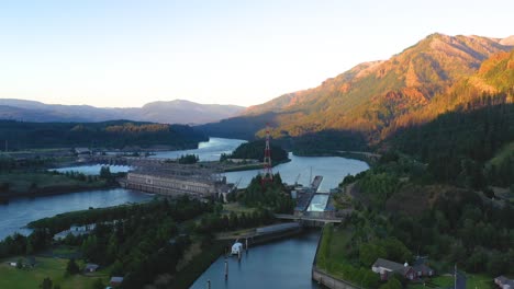 slow flight over the colombia river gorge with the fish hatchery below at sunset