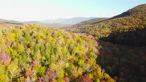 Antena-Sobre-Vastos-Bosques-De-Follaje-De-Otoño-Y-Color-En-Vermont-O-Nueva-Inglaterra