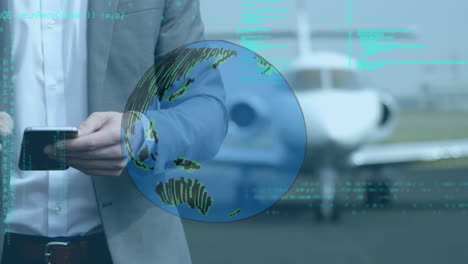 spinning globe and data processing on mid section of businessman using smartphone on airport runway