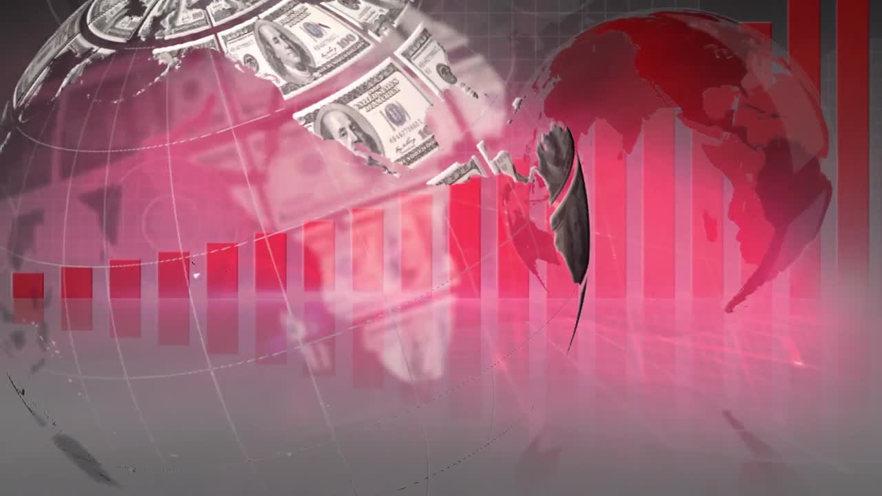 미국 달러 지폐의 애니메이션 지구가 회전하고 세계 지도에 대한 데이터 처리