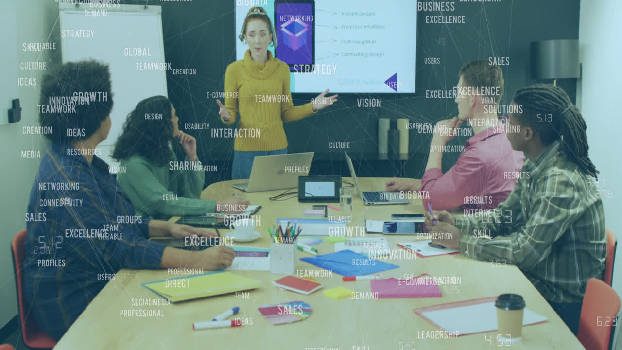 animación de textos de negocios sobre diversas personas de negocios en la oficina