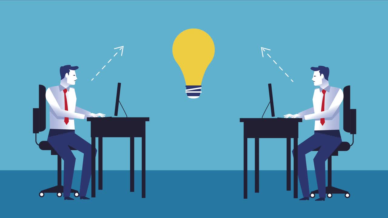 elegant businessmen working in desktops with bulb