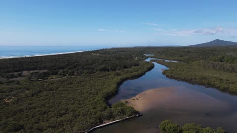 Aerial-views-of-Urunga-boardwalk-with-stunning-views-up-the-Bellinger-river-the-Great-Dividing-Range