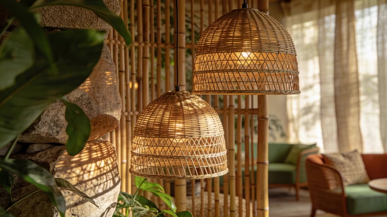 Telecamera scorrevole che rivela lampade a sospensione in rattan intrecciato con lampadine accese nella lounge, mostrando texture calde.