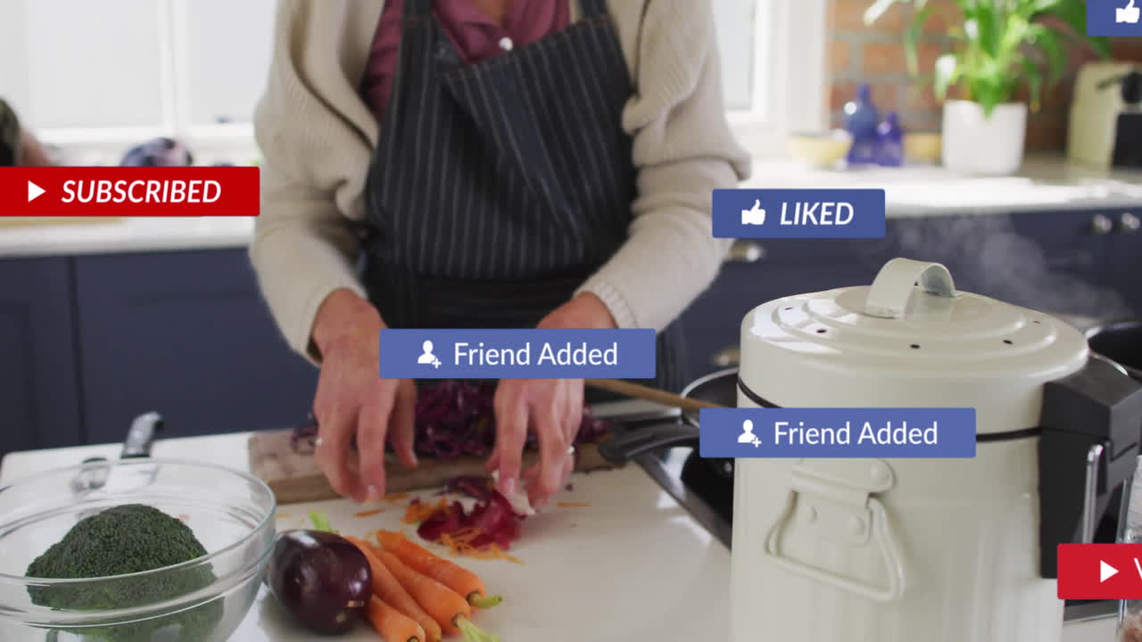 Chopping vegetables in kitchen, person with social media notifications animation
