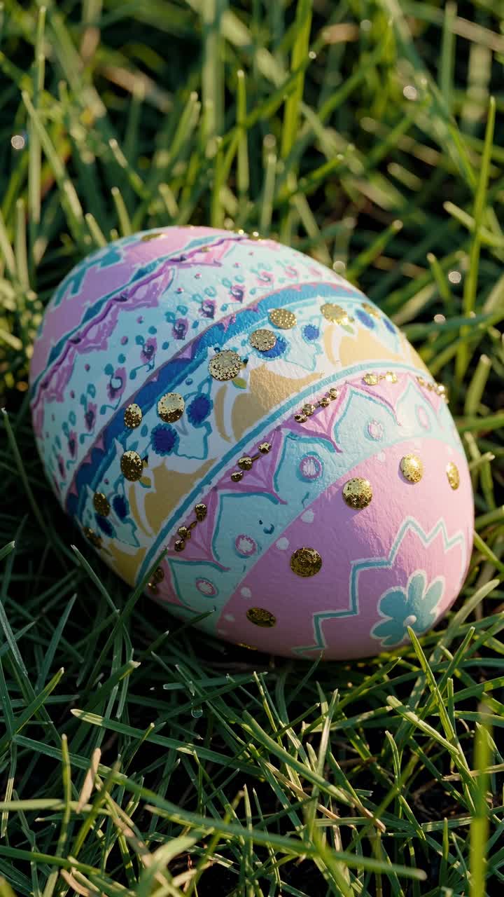 Hand-painted easter egg with colorful patterns and gold details lying on a patch of vibrant green grass, celebrating the festive spring season