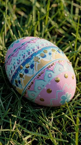 hand-painted easter egg with colorful patterns and gold details lying on a patch of vibrant green grass, celebrating the festive spring season