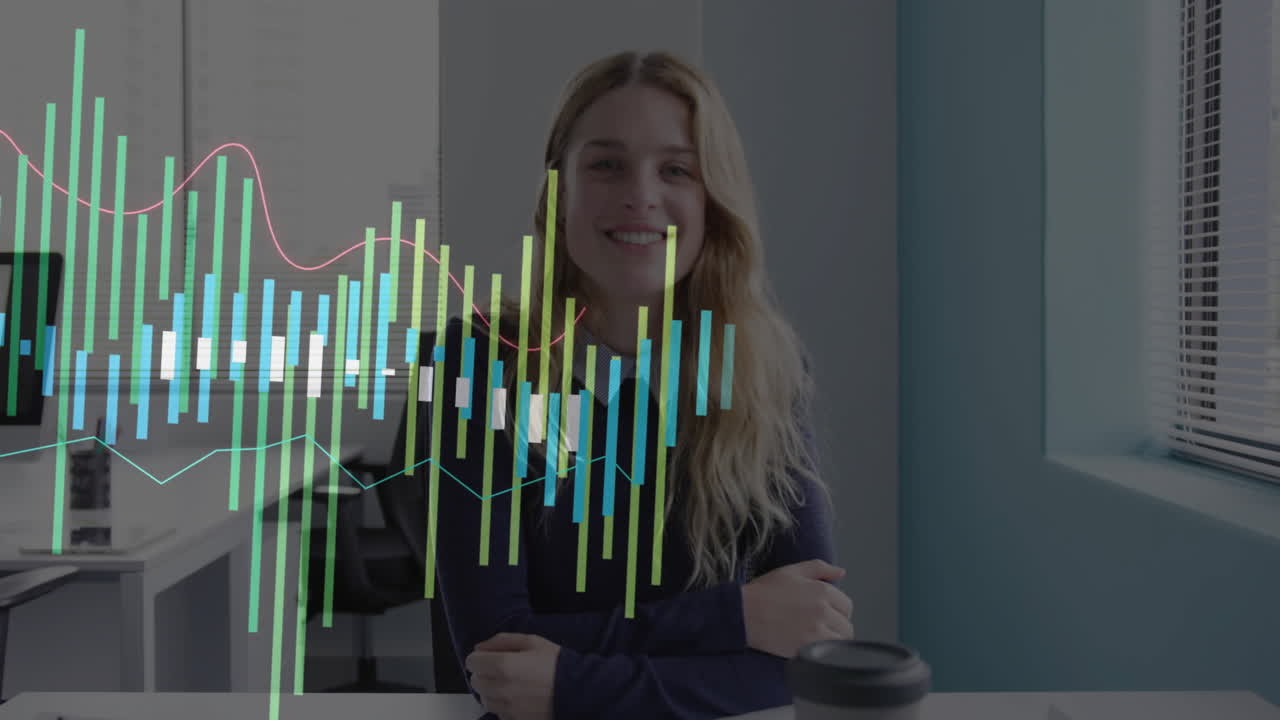 Smiling woman in office with colorful financial data animation overlay