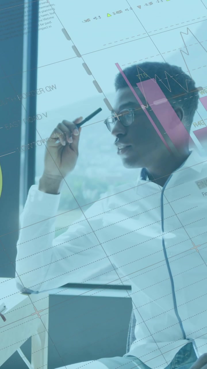 Animation of statistical data processing over thoughtful african american man at office