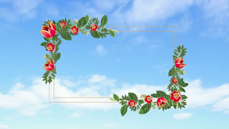 animation of floral design rectangular frame with copy space against clouds in the blue sky