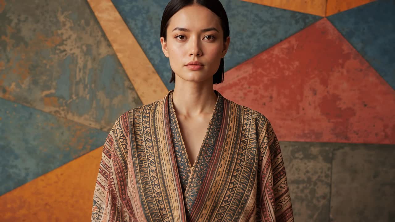 La telecamera si avvicina, modella asiatica che mantiene una posa neutra in studio, mettendo in risalto il tessuto del kimono.