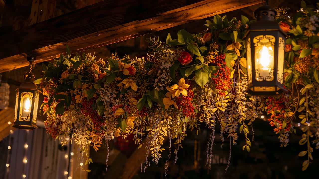 Camera panning right revealing hanging garland and lanterns swaying under wood beam at night