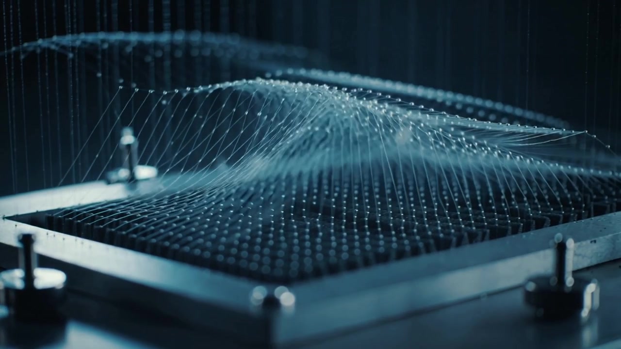 Pin array actuating, filament mesh forming and tracing wave on lab tabletop, demonstrating dynamics