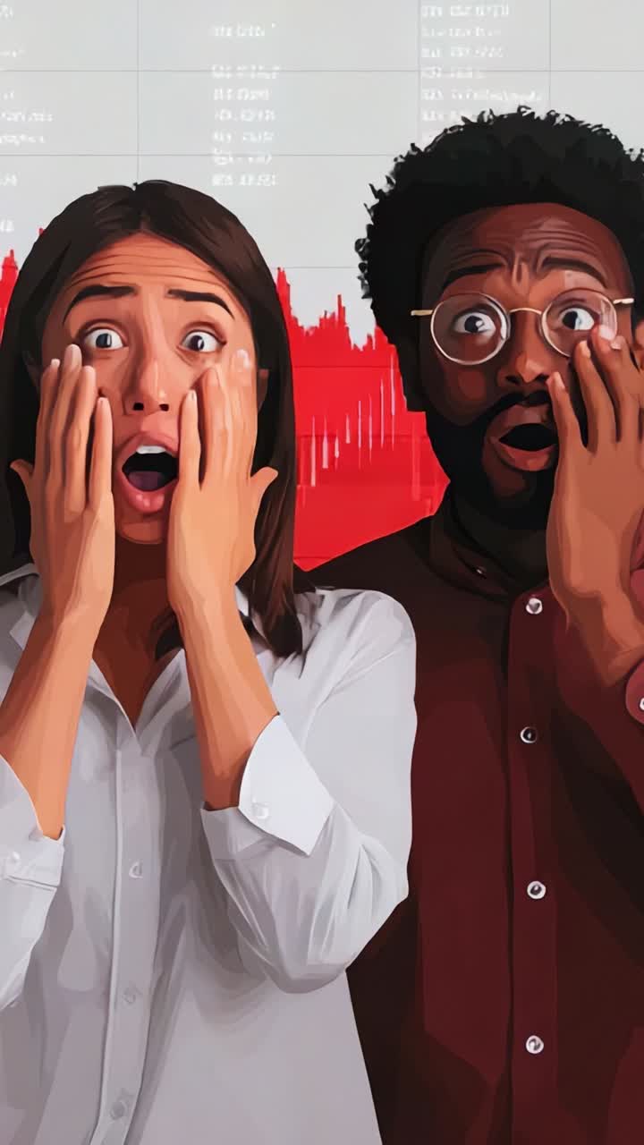 Two shocked individuals expressing fear and surprise in front of alarming financial data displayed on a digital background, creating a tense and dramatic atmosphere