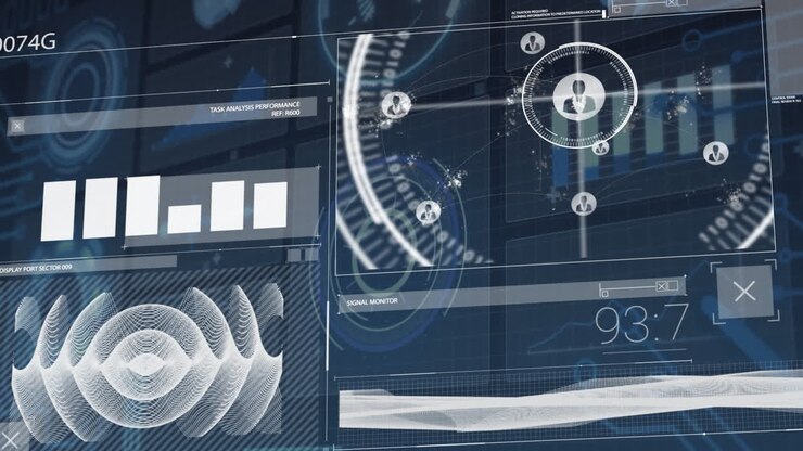 Data analysis and performance metrics animation over futuristic interface with graphs and charts