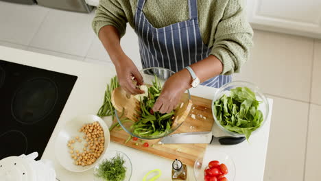 african american senior woman preparing salad in sunny kitchen, slow motion