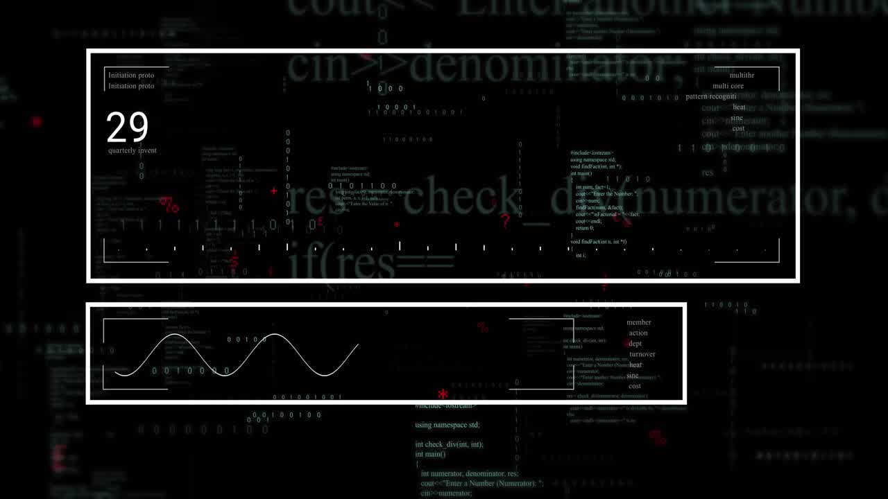 On code fade in two-panel UI showing protocol changes, bars jumping, wave pulsing, scrolling code