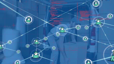 Animación-De-La-Red-De-íconos-De-Perfil-Contra-El-Repartidor-Caucásico-Cargando-Cajas-En-Su-Camioneta