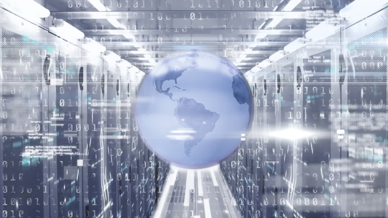 Animation of globe with data processing over server room