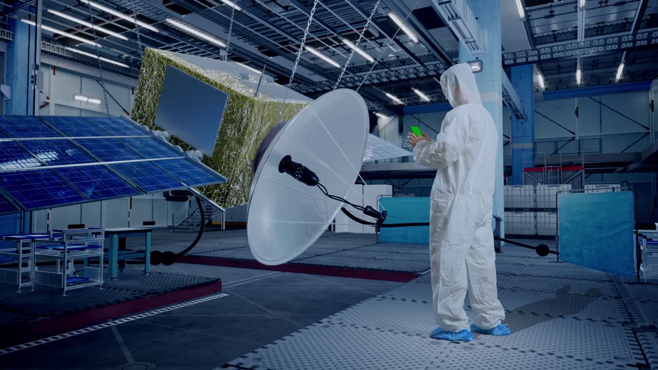 vista trasera del cuerpo completo de científico masculino asiático uso de simulacro de pantalla verde teléfono inteligente mientras está de pie con la construcción de la nave espacial