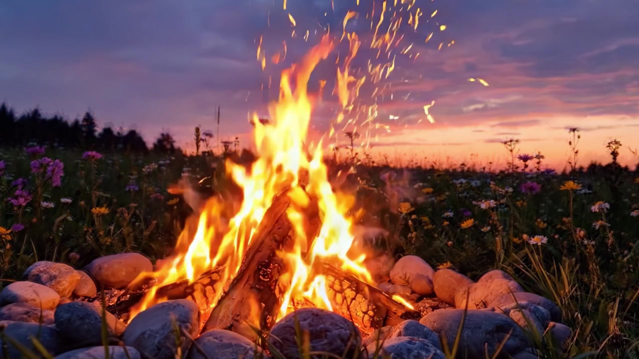 Un bellissimo falò serale circondato da rigogliosi fiori selvatici sotto un cielo al tramonto vibrante, che cattura l'essenza della serenità e del calore della natura