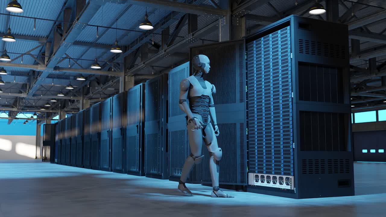 Humanoid robot standing in data center with server racks and industrial ceiling. Artificial intelligence and robotics technology concept. Design for banner, poster, wallpaper, header