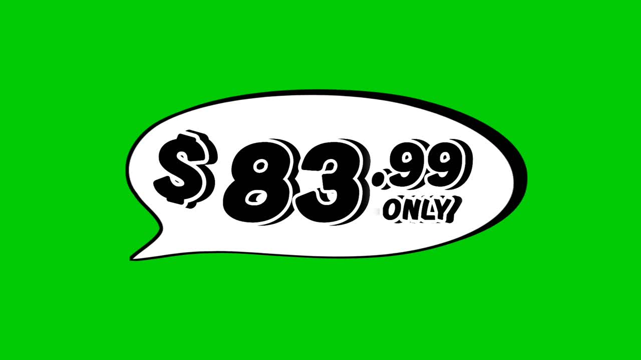 $83.99 price tag in speech bubble animation motion graphics on green screen background. Perfect for ads, e-commerce, retail, discounts, and promotion business concept video element