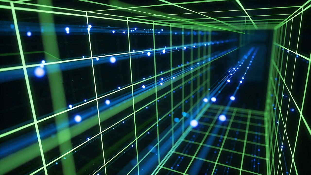 Moving camera advancing through neon green wireframe tunnel, creating elongated blue light streaks