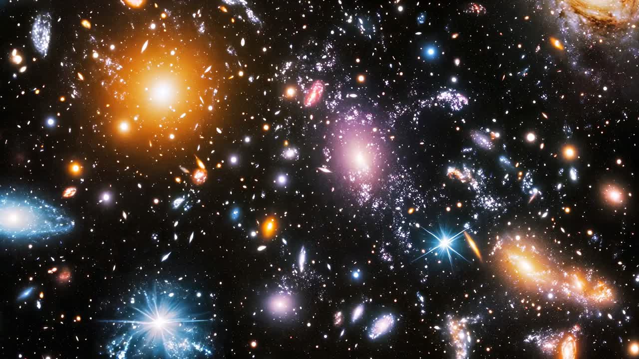 Una scena video cosmica con una visuale grandangolare di un vivido ammasso di galassie, che mostra stelle colorate