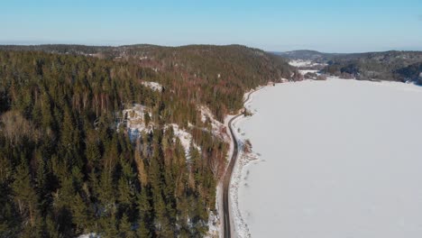 Aerial-flyover-asphalt-road-surrounded-by-snowy-countryside-fields-and-pine-trees-during-sunny-day-and-blue-sky-in-winter