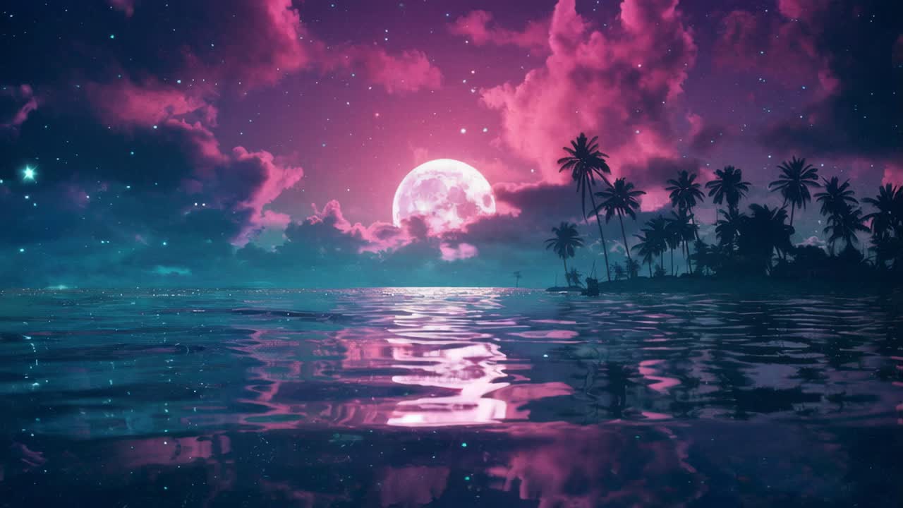 A dreamy, surreal video scene of a tropical beach at night, with a low-angle view of the moonlit