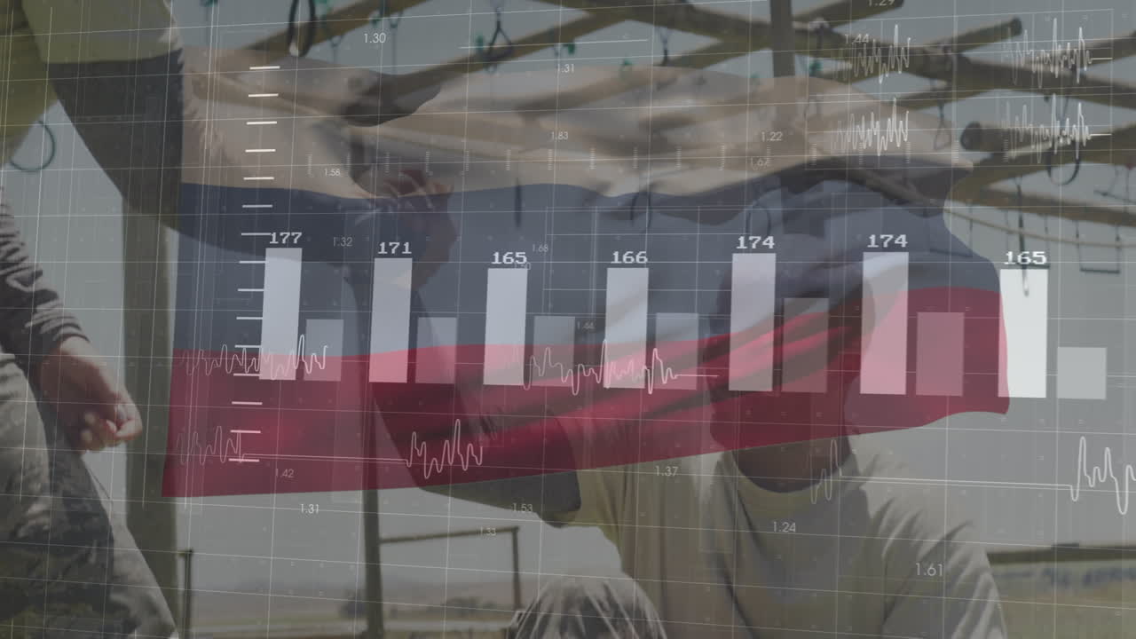 анимация обработки данных над флагом россии и различными мужчинами-солдатами