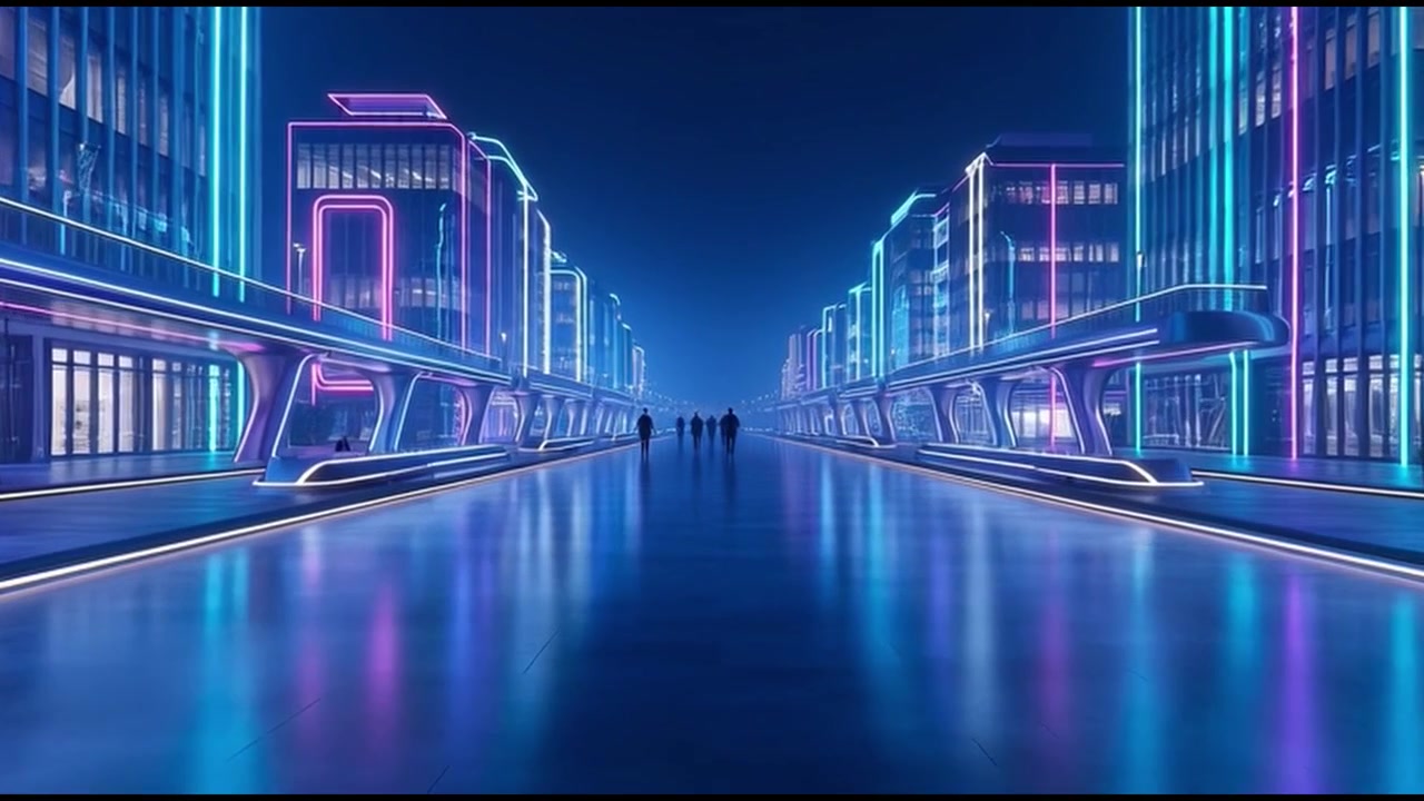 Sagome di persone che camminano lungo una strada cittadina futuristica al neon di notte
