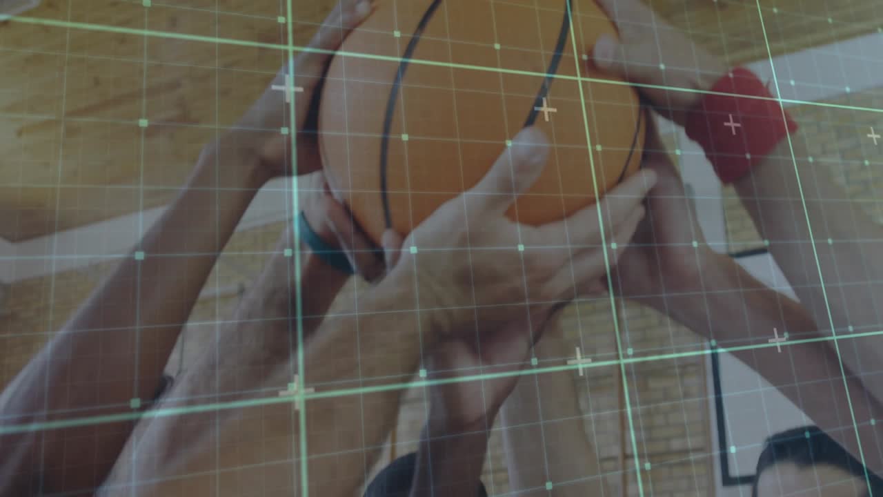 Coach passing orange basketball, team forming hands-on huddle and raising ball, grid showing unity