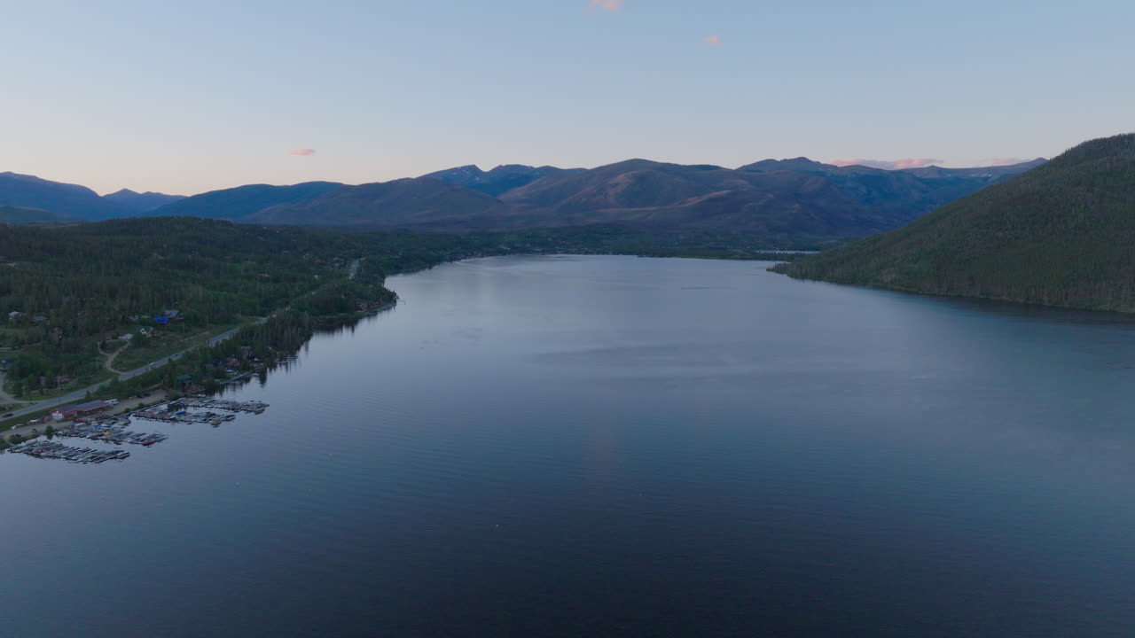 Orbiting shot of Shadow Mountain Lake at sunset in Colorado