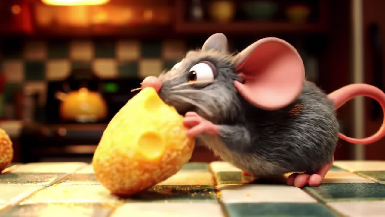 A Passionate Culinary Adventure Featuring a Enthusiastic Rodent as He Enthusiastically Engages with Delicious Cheese in a Warm Kitchen Environment