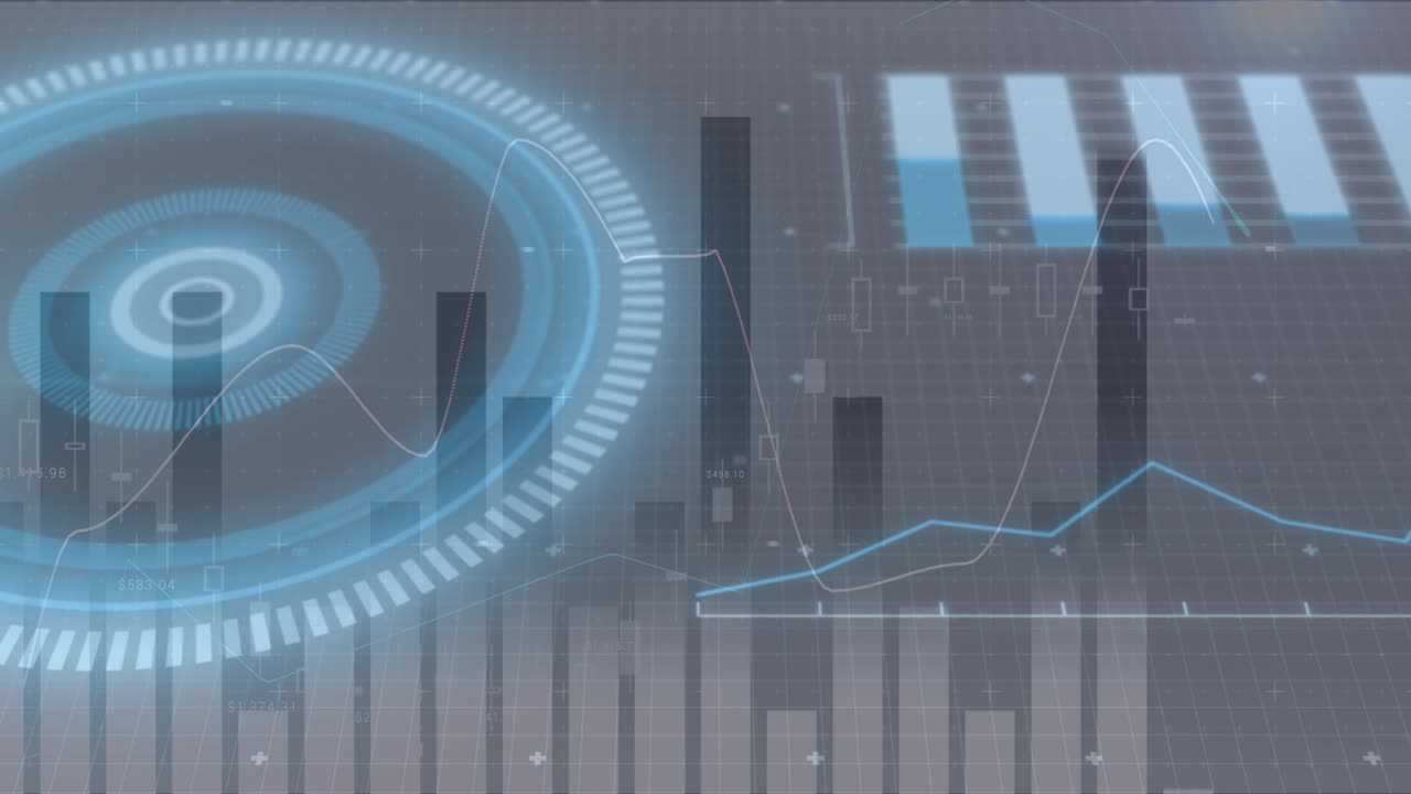 animación de la interfaz brillante con gráficos y gráficos que se mueven sobre un fondo oscuro