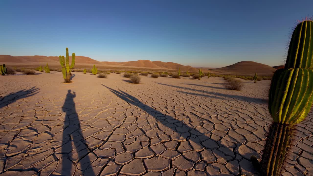 Wide-angle video shot of a desert landscape with cracked earth, cacti, and long shadows