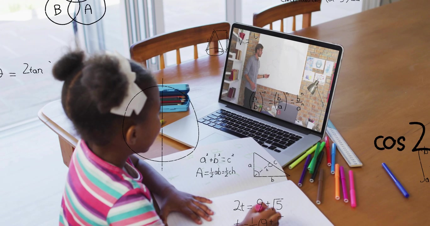 Girl doing work at table, laptop teacher teaching math starting overlays over notes helping solve