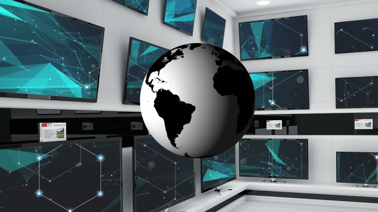 animación del globo sobre la pared con pantallas de televisión