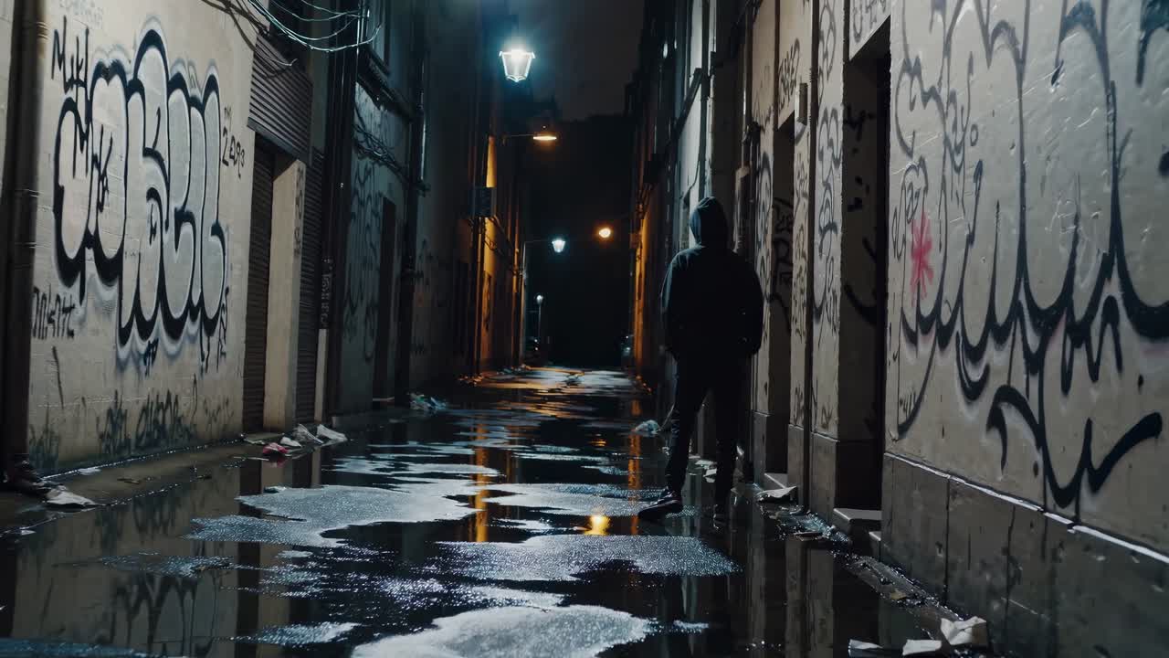 Stemningsfuld urban video scene med en lavvinkeloptagelse af en graffiti-fyldt gyde om natten, hvor vandpytter reflekterer.