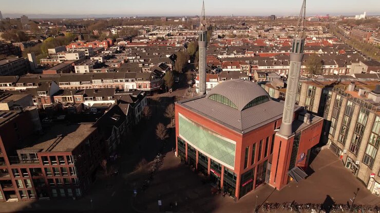 Aerial showing Mosque building contemporary religious architecture in residential area Lombok neighbourhood in Dutch city Utrecht