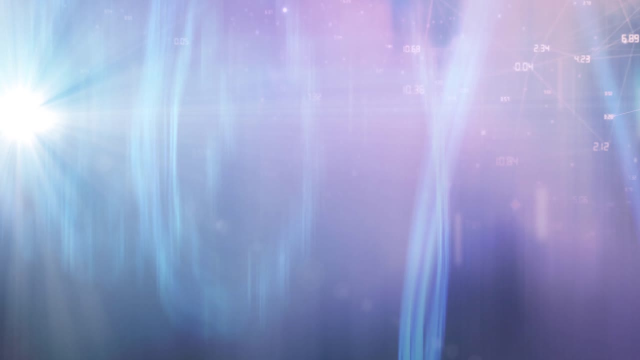 animación de estrellas brillantes con números en rastros de luz azul, rosa y púrpura en el universo