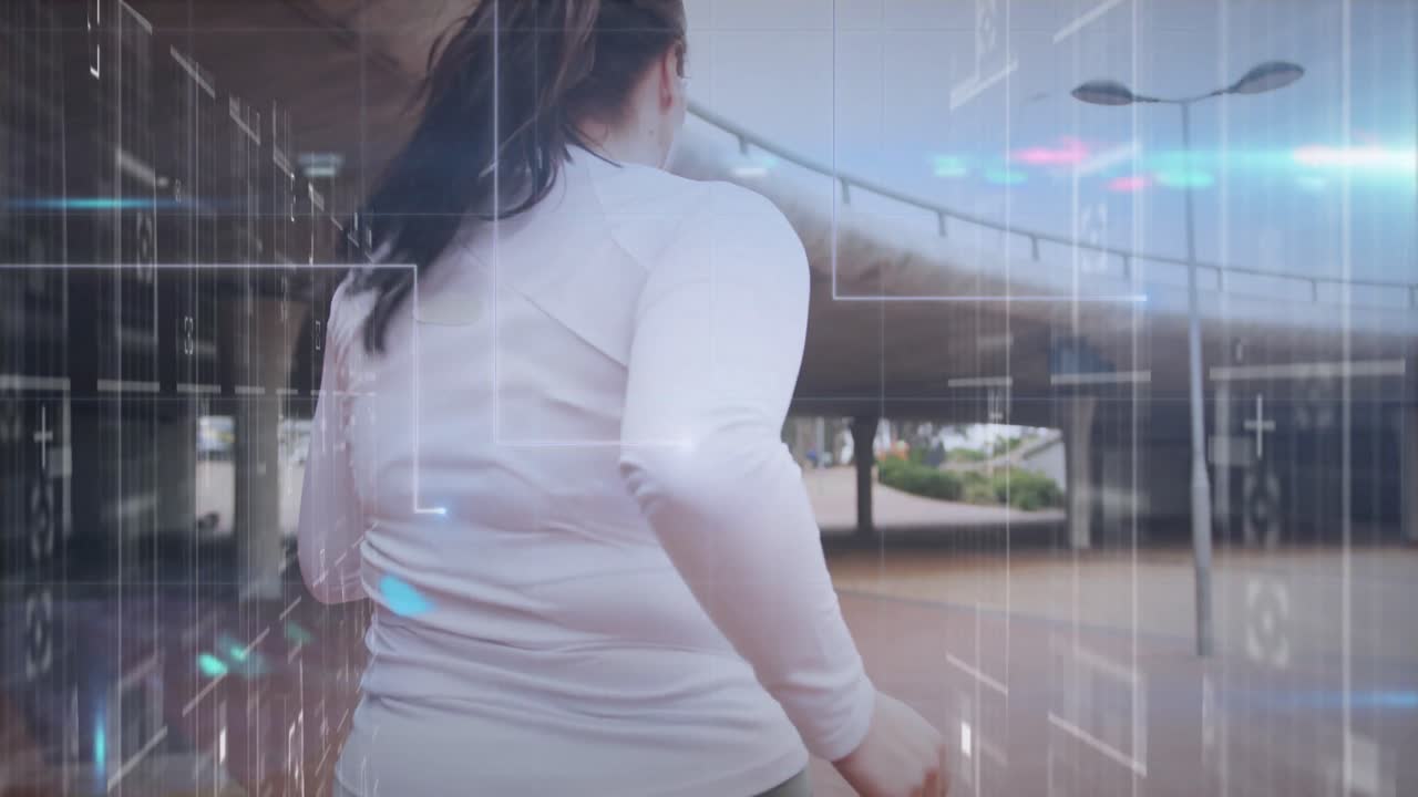 데이터 처리의 애니메이션 플러스 사이즈 백인 여성 도시에서 운동